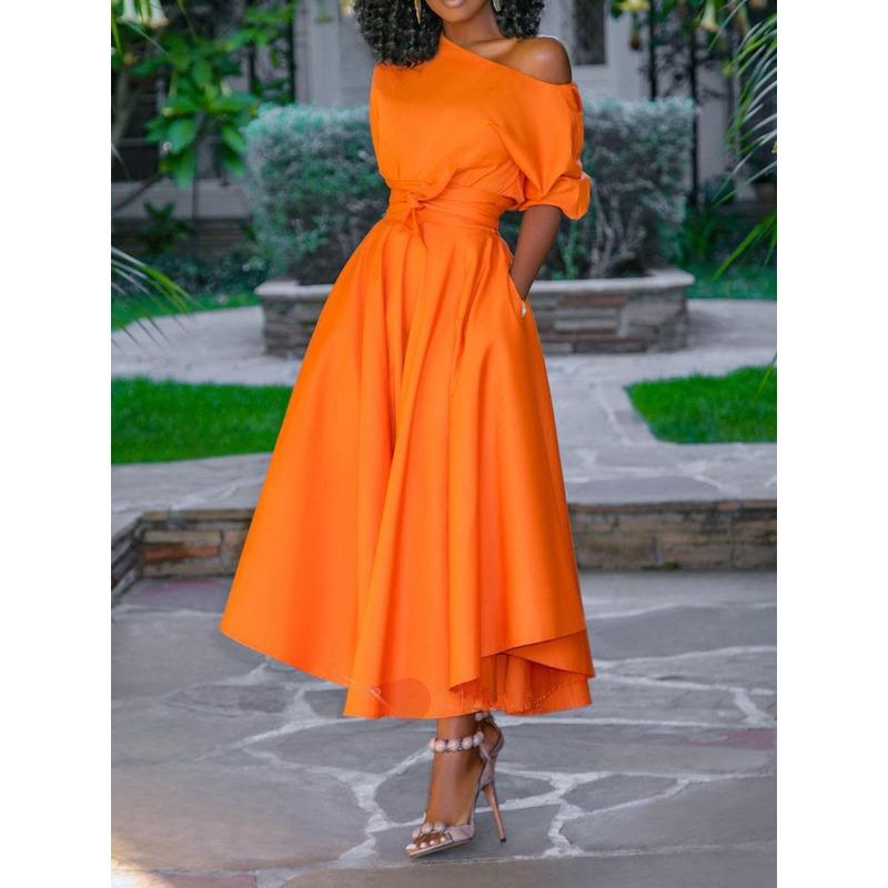 

New spring and summer women s clothing single shoulder lace-up waist slim-fitting medium and long dress XXL помаранчевий
