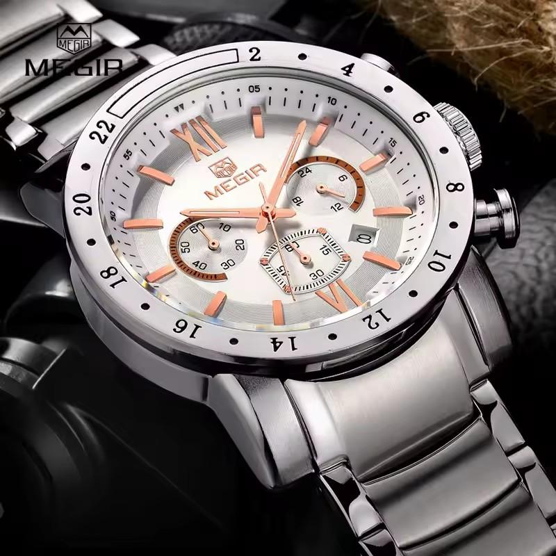 Megir 3008G 3008 Business Men's Dress Big Wrist Watches Chronograph Clock Stainless Steel Band 24 Hours Quartz Stop Watch Man