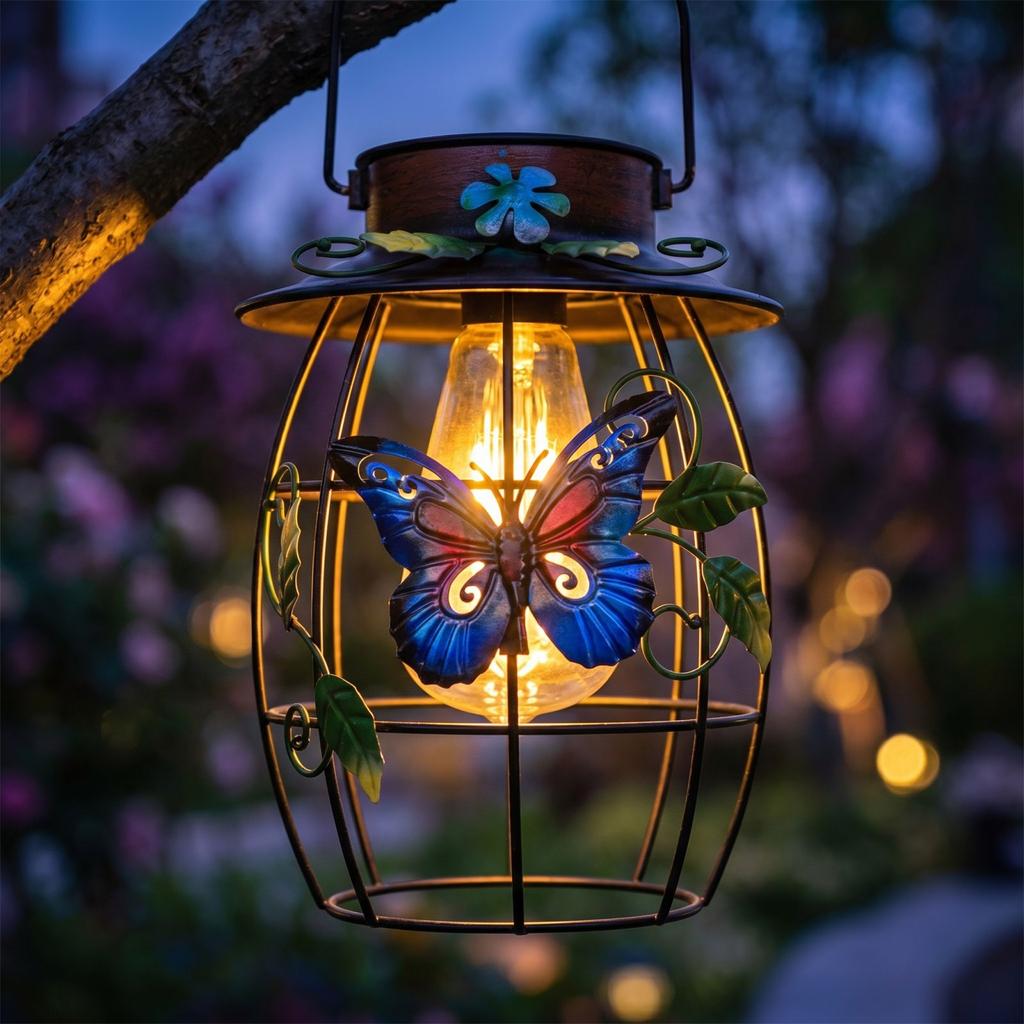 Solar Powered Outdoor Garden Lantern with Decorative Butterfly and Leaf Metal Frame Hanging Light for Patio Yard Pathway Lighting