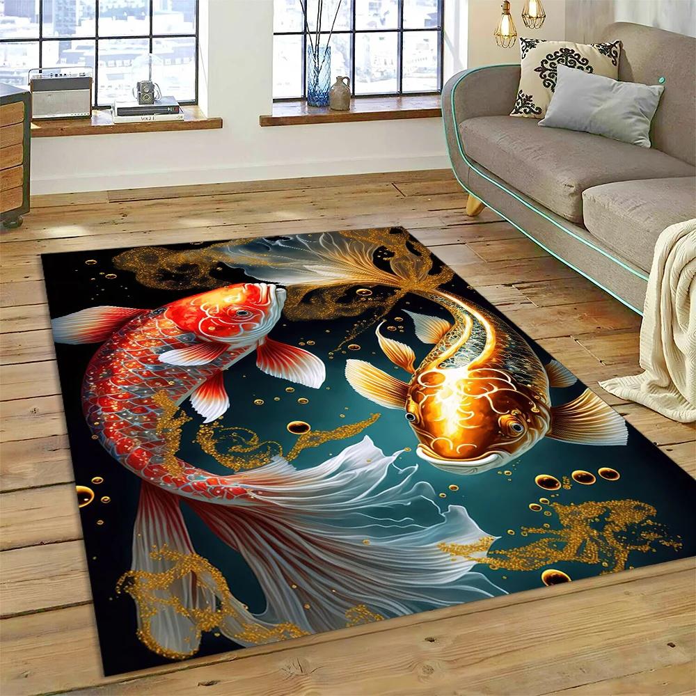שטיח מצויר דגי קוי יין יאנג טבעיים לבית, לסלון, לחדר השינה, לספה, שטיחון כניסה, קישוט, שטיח אזור לילדים, מחצלת מונעת החלקה