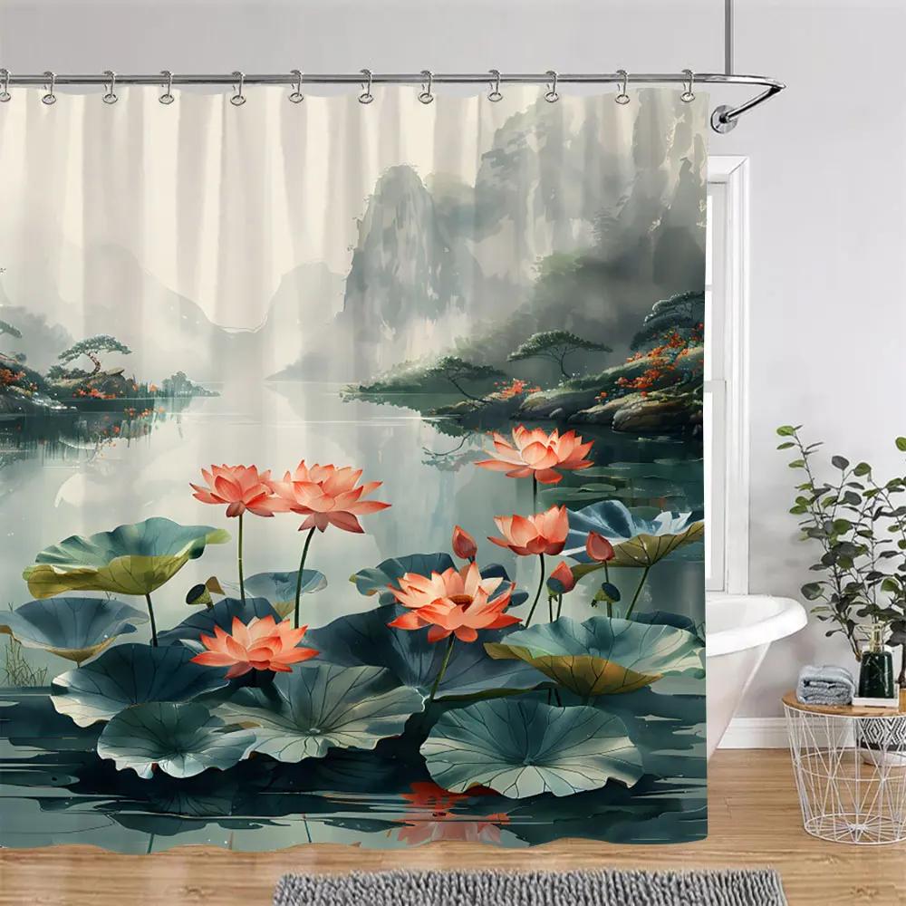 Lotus Flowers Shower Curtain Green Leaves Plant White Floral Chinese Style Home Wall Hanging Bathroom Curtains Decor with Hooks