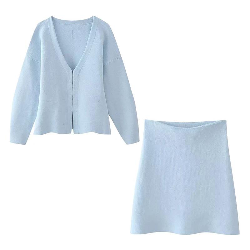 Fashion Knitted Skirt Sets For Women Elegant V-neck Lantern Sleeve Tops Hip Package Mini Skirts Street Lady Sets