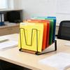 Inclined Desk File Organizer 5-Section Vertical File Folder Holder Stand Office Classroom Home Workspace Metal File Sorter Rack with Wooden Base