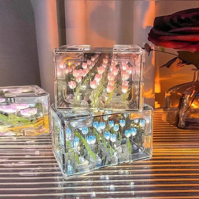 Cloud Tulip Flower Sea Night Light Mirror Table Lamps Bedroom Ornaments Decoration Bedside Gift 3D LED DIY Kid Friendly Entertaining Fun Play Safe