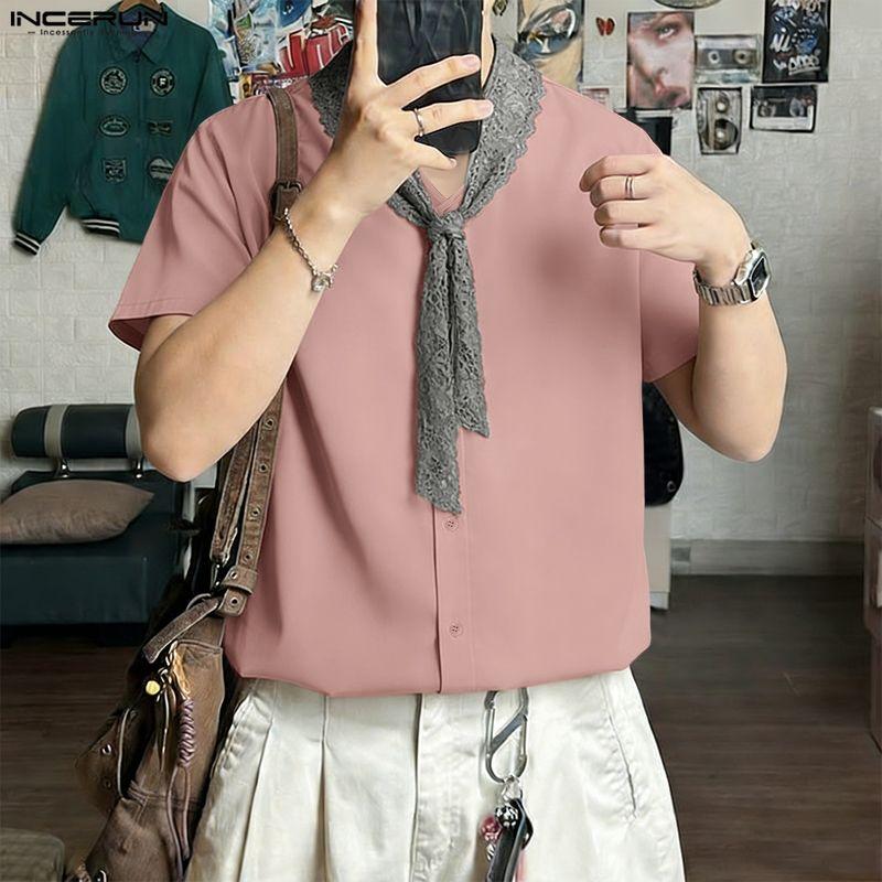 INCERUN Summer Men Lace Tie Up Short Sleeve Casual Oversized Shirts
