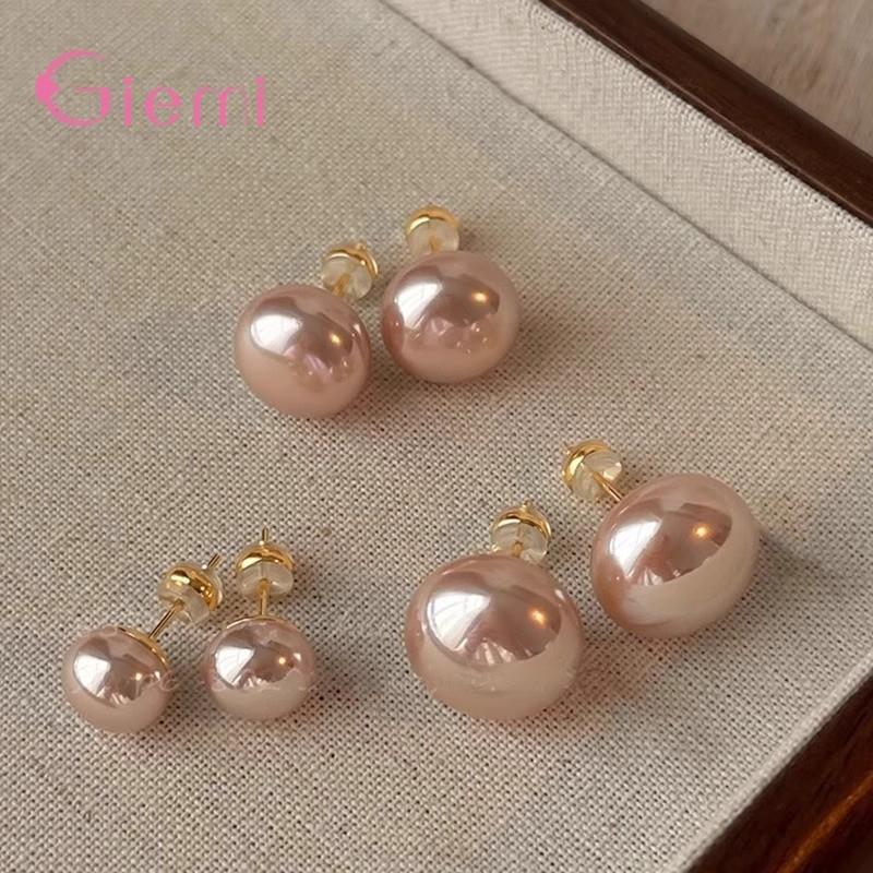 Elegant Pink Glossy Pearl Stud Earrings For Women Exquisite 925 Sterling Silver Earrings Wedding Party Geometric Jewelry Gift
