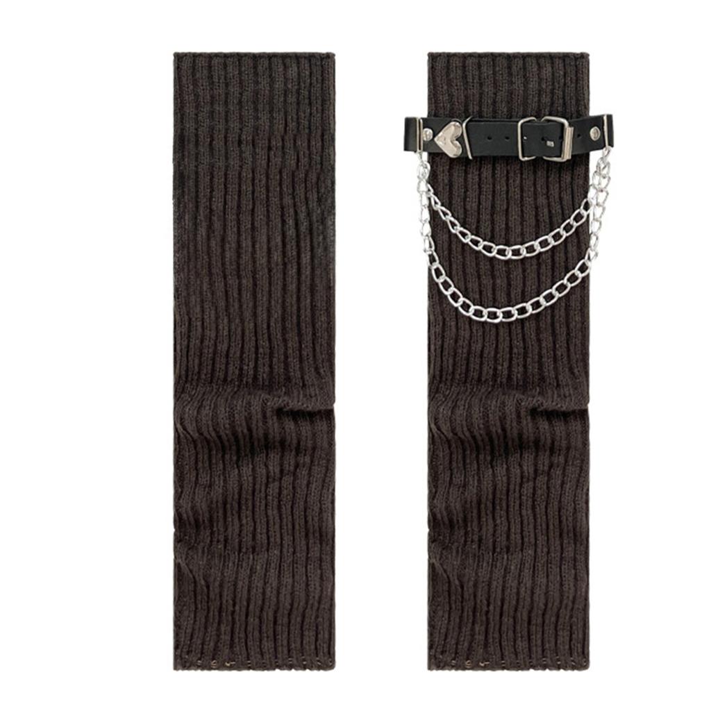 Gothic Punk Leg Warmers Boot Toppers with Heart Chain Leather Belt Ribbed Knit Leg Covers Footless Socks for Women Girls