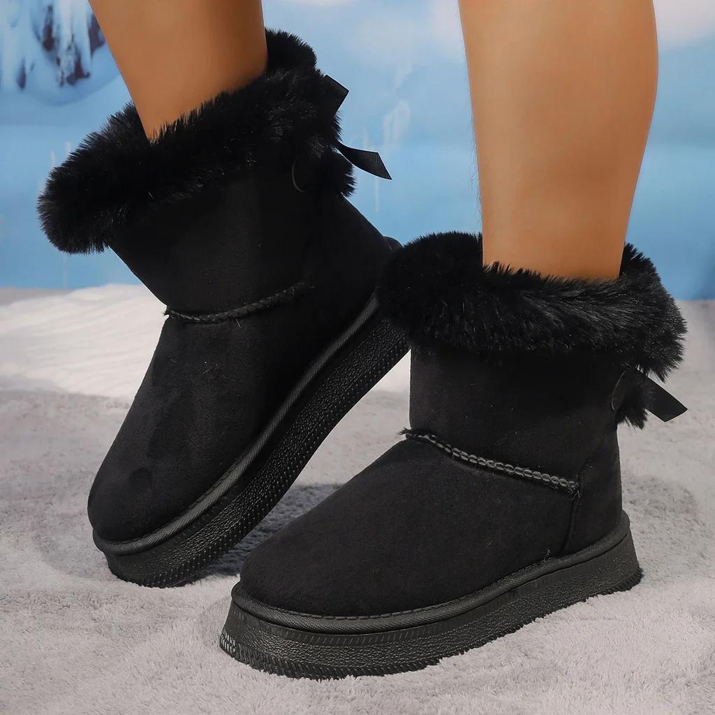 Thick Soled Snow Boots for Women, 2025 New Winter with Plush Insulation, Butterfly Knot Casual Oversized Cotton Shoes for Women
