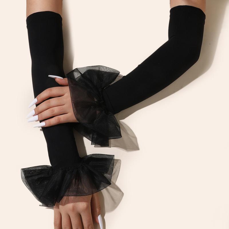 Elegant Women Ruffle Solid Color Long Flare Sleeves Arm Cover Outdoor Sun Protection Driving Elastic Fingerless Gloves