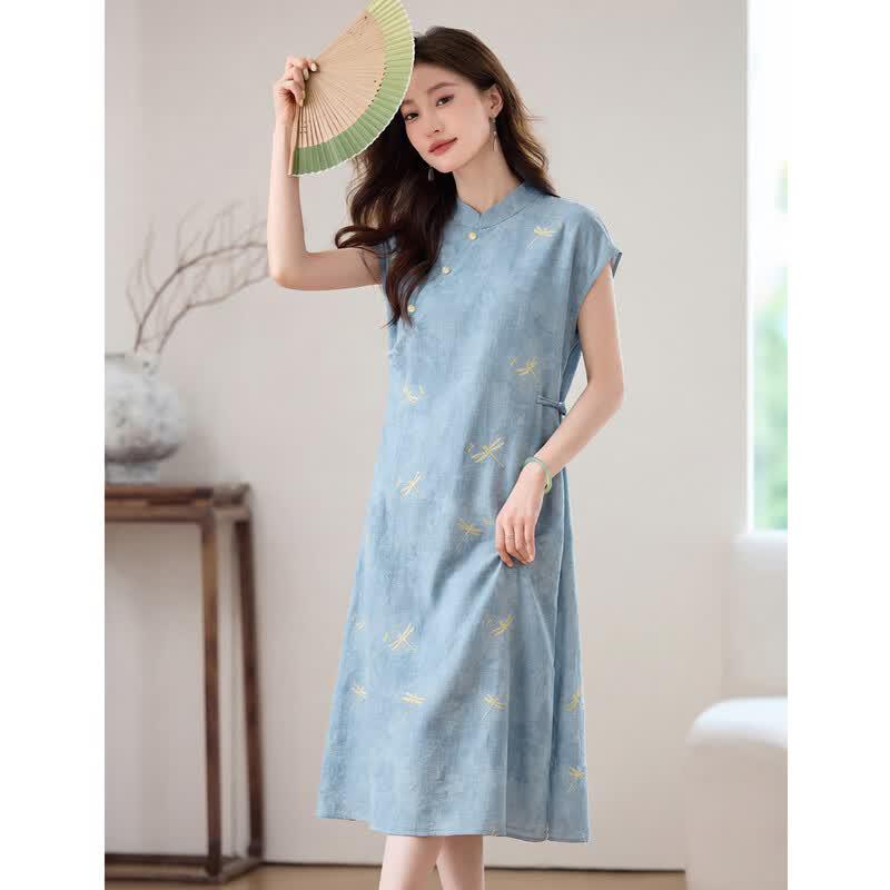 Oudefu Women s Sleeveless Printed A-Line Mid-Length Summer Dress L