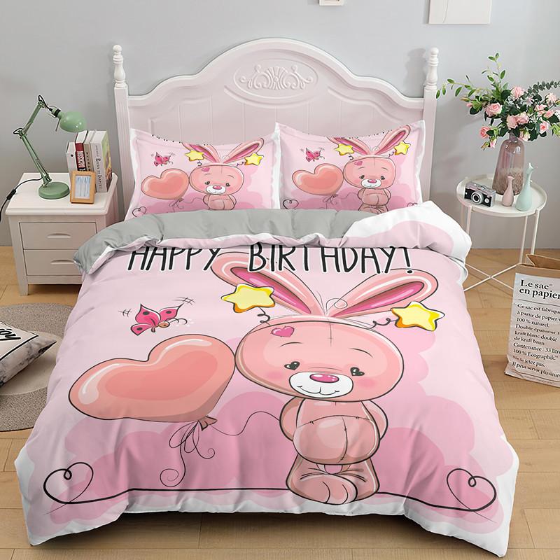 Pink Cartoon Animal King Queen Duvet Cover Kawaii Panda Pattern Bedding Set For Kids Girls Wildlife 2/3pcs Polyester Quilt Cover
