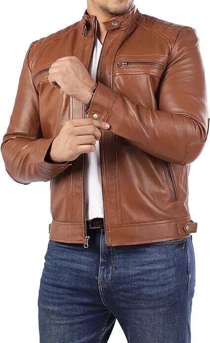 

Мужская куртка ручной работы из натуральной кожи ягненка, стильная байкерская, мягкая, настоящая 3XL коричневый