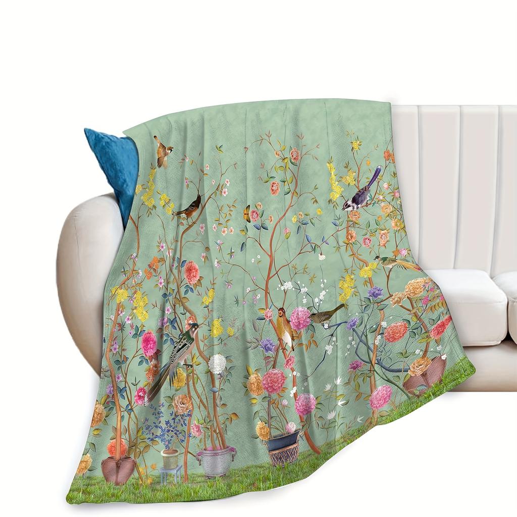 1pc Creative Flower Bird Print Flannel Blanket Comfortable Warm Soft Sofa Throw Blanket For All Seasons Office Bed TravelBlanket