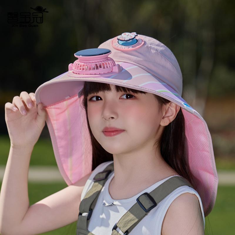 Children's sun protection hat summer boys and girls outdoor outing visor shawl big eaves with fan empty top bucket hat