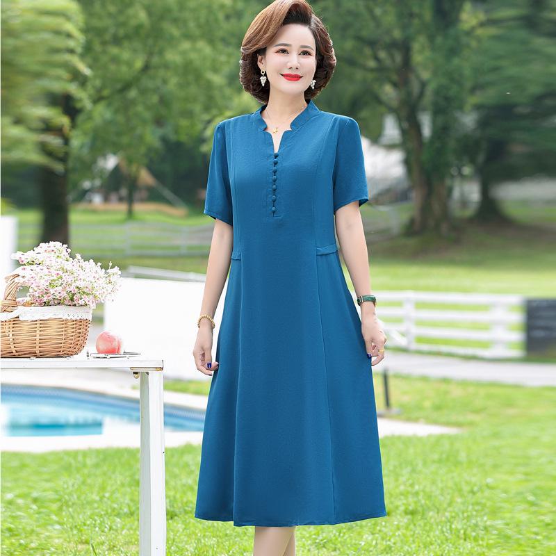 Mom's Plus Size Mid-Length Short-Sleeved Dress - Summer 2025 Elegant Style for Middle-Aged & Elderly Women