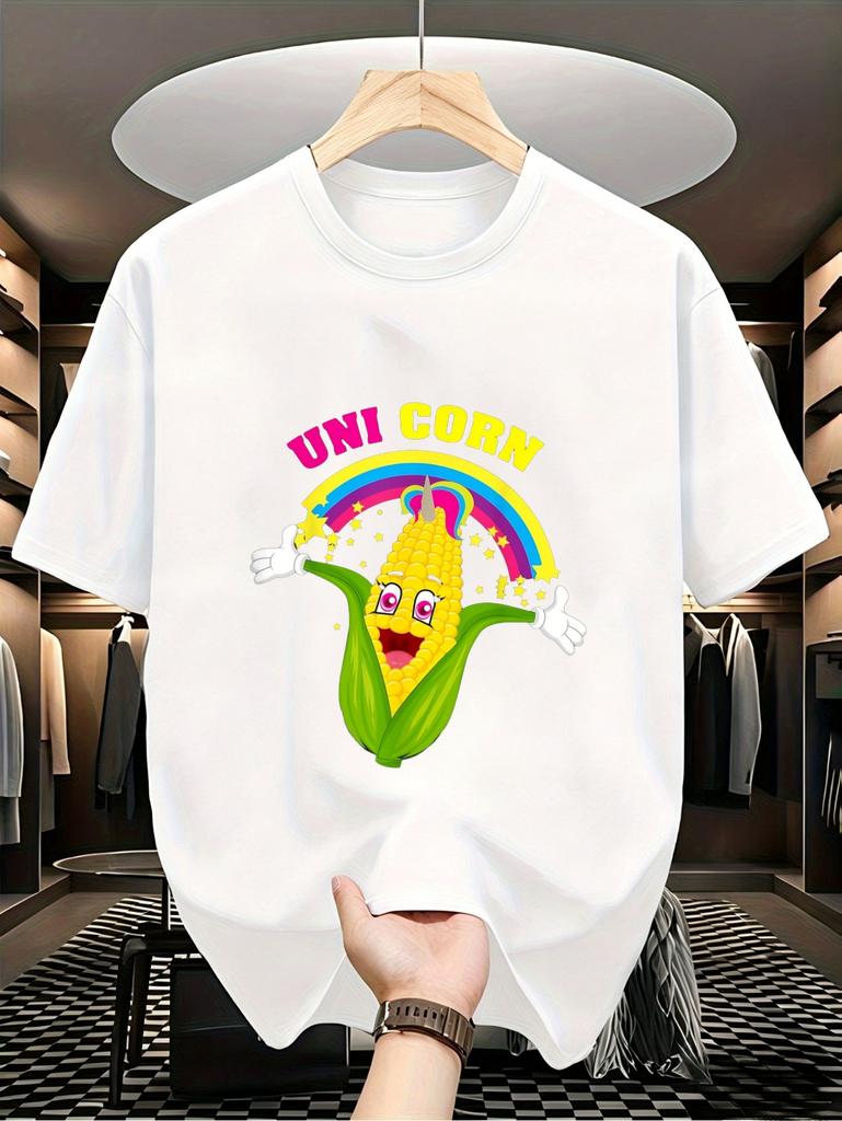 Men's Funny Uni Corn T-Shirt - Heavyweight 180gsm Cotton-Like Retro Smiling Corn Character & Rainbow