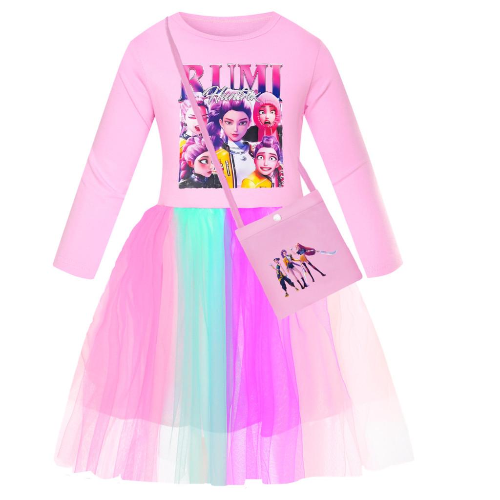 

Детское платье для девочек в стиле аниме, мультяшное, поп-певица, суперзвезда Руми Зои Мира с принтом, сетчатое, радужное, с круглым вырезом, повседневное, хлопковое 130cm