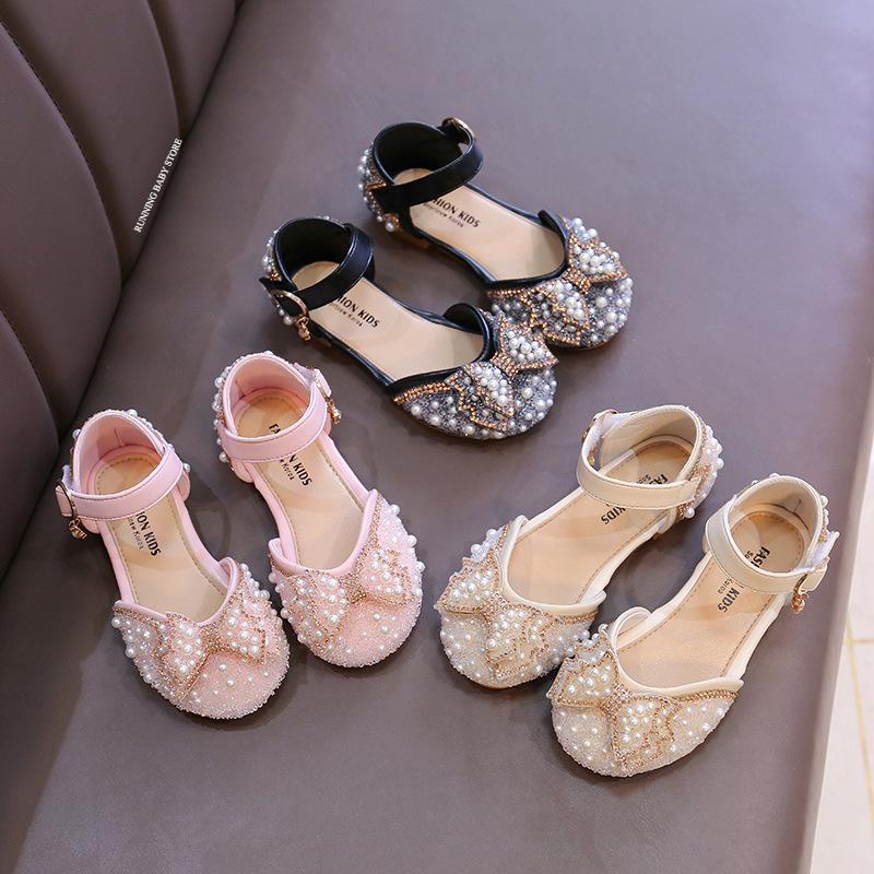 Girls Sandals Fashion Princess Shoes Spring Summer Bling Pearl Sequins Flat Sandals Simple Children Shoes Party Wedding I03201