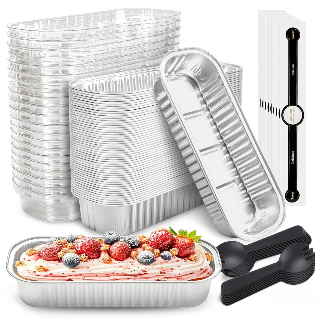 100Only Holds Mini Cake Baking Pans Spoon with Lid Rectangular Aluminum Foil Baking Pan Mini Cheesecake Box (6.8Ounce)