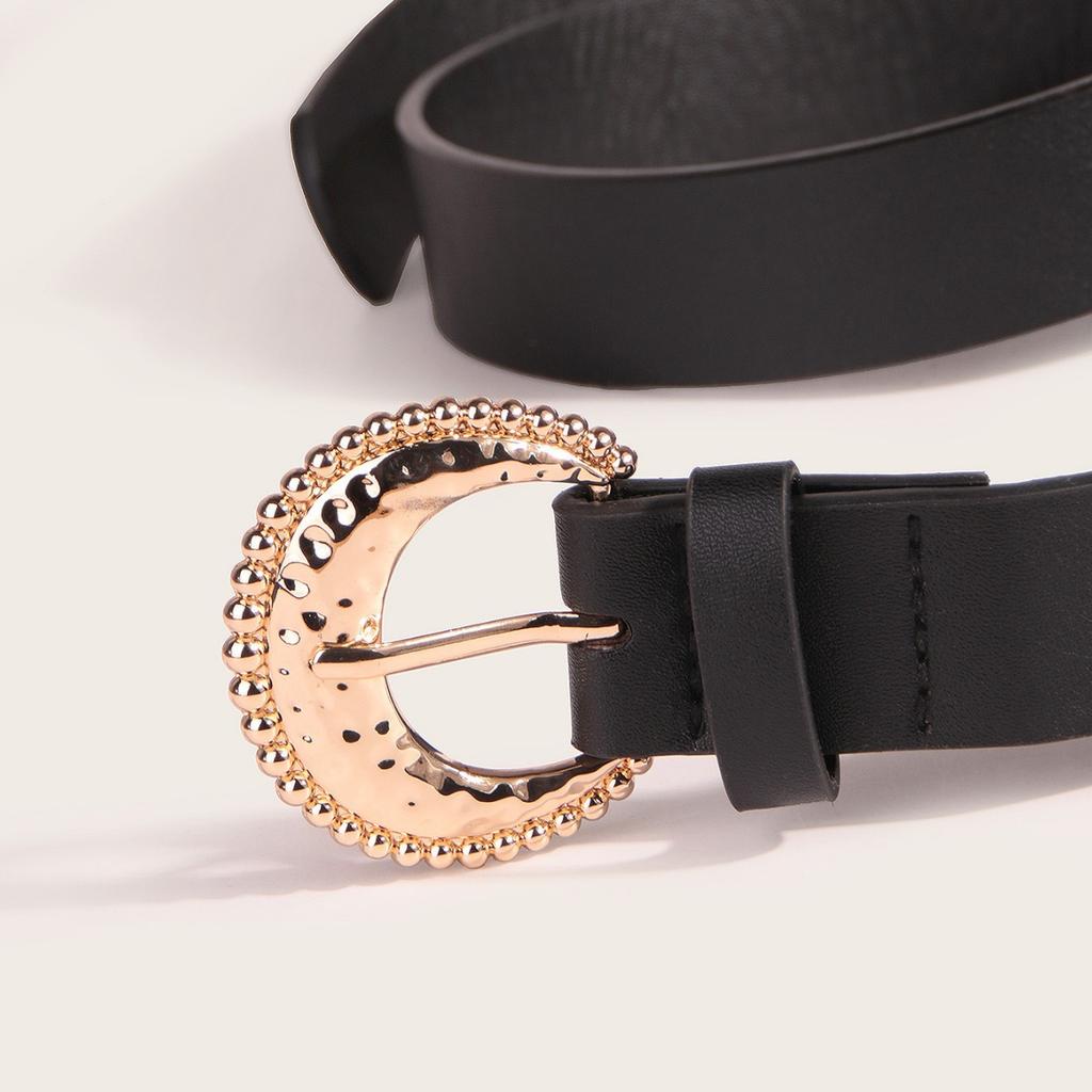 Moon Pin Buckle Black Flat Belt Versatile Imitation Leather Women's Belt