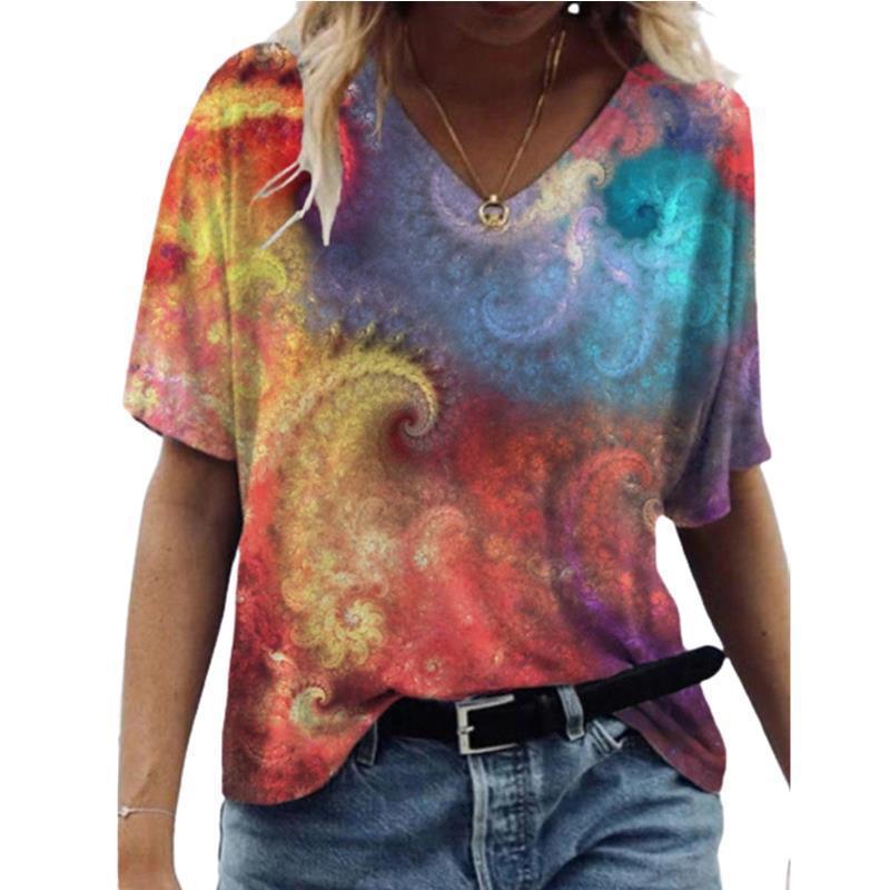 Women's T-shirt 3D Pattern Printed Casual Short Sleeved V-Neck Top Fashionable Street Women's Clothing