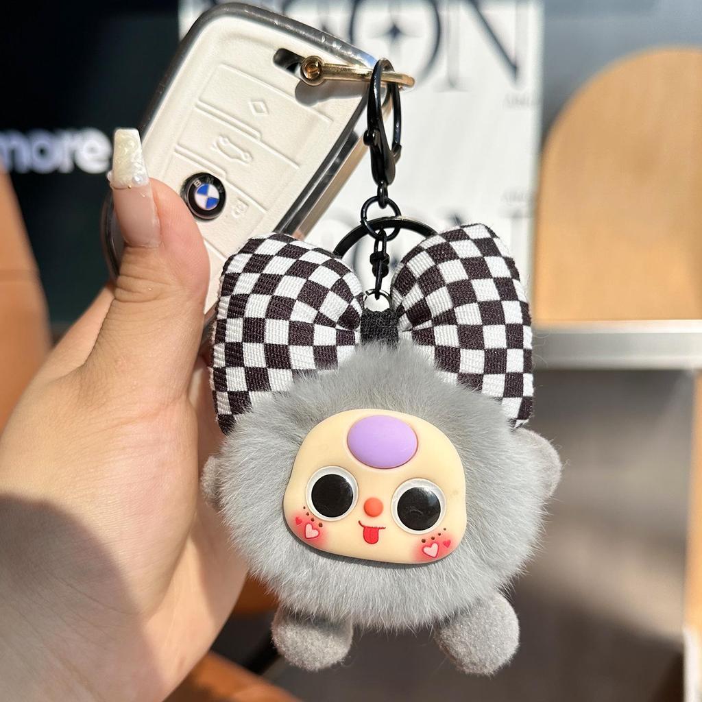 Imitation Rex Rabbit Bowknot Keychain with Coal Ball Pendant - Cute Doll Backpack Charm