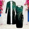 Women Plus Size Two Piece Set Long Sleeve Open Front Cardigan Sleeveless Bodycon Dress Printed Green Black