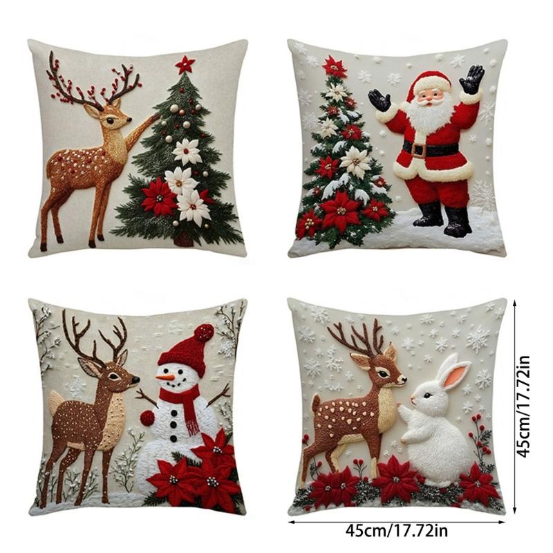 Printed Elk Rabbit Santa Snowman Holiday Decorative Linen Cushion Cover Christmas Pillowcase For Living Room Bedroom