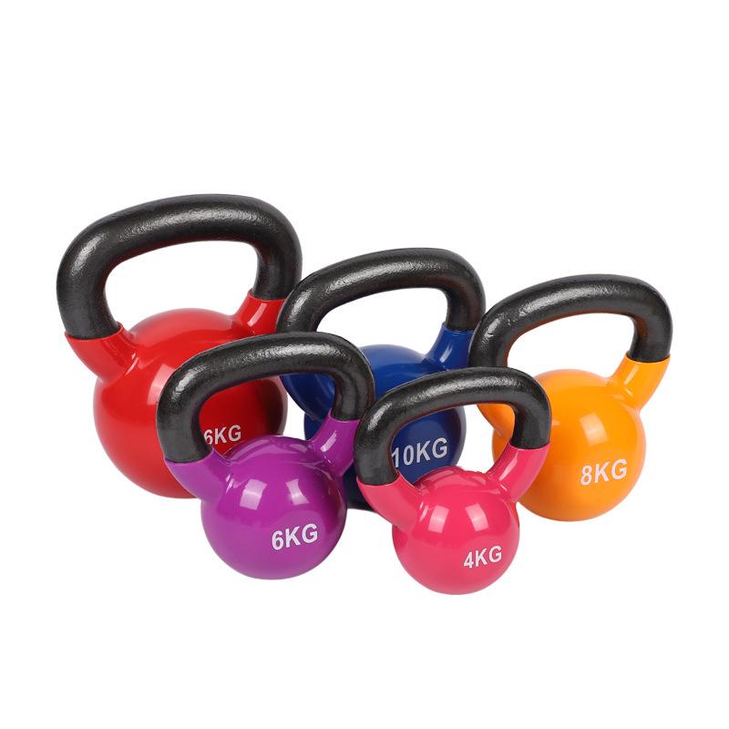 Plastic-Coated Cast Iron Kettlebell with Colored Handle for Home Fitness, Squat, Arm, and Glute Training.