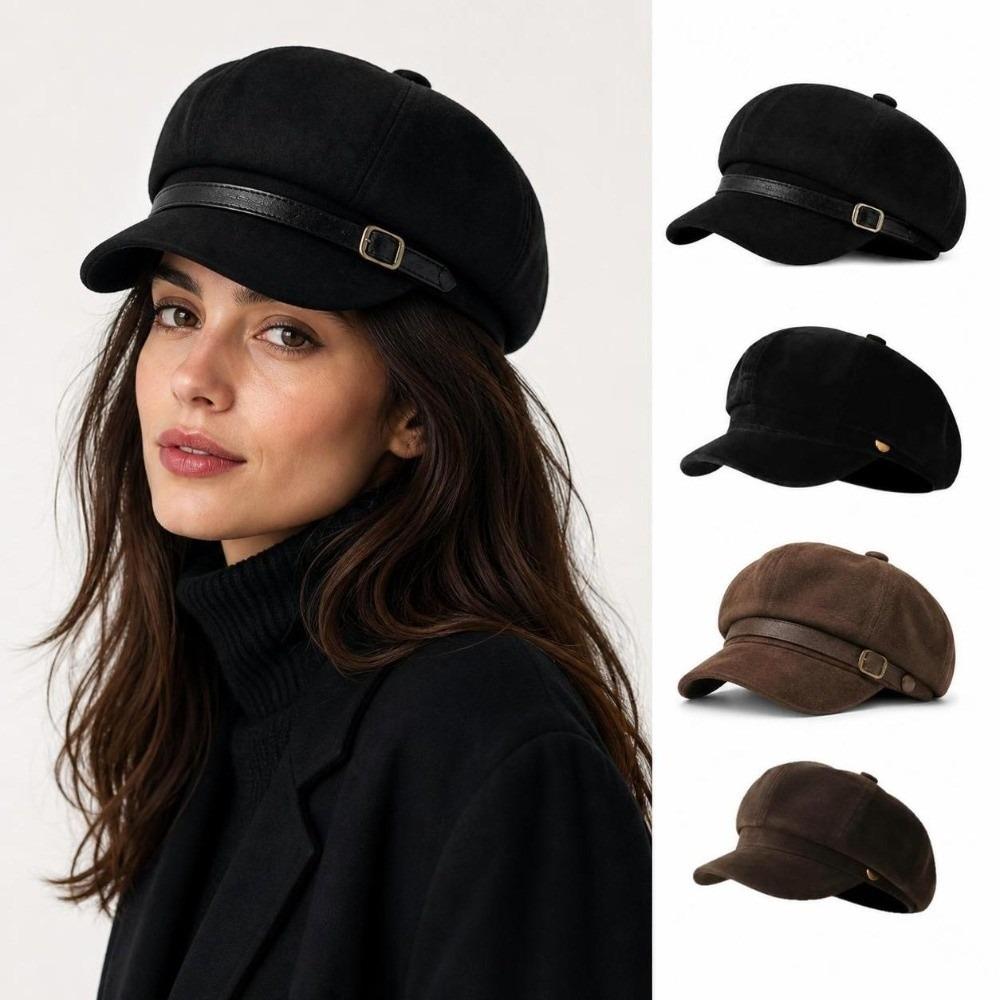 Leather Belt Decor Newsboy Cap British Style Octagonal Beret Hat Retro Baker Boy Cap For Women