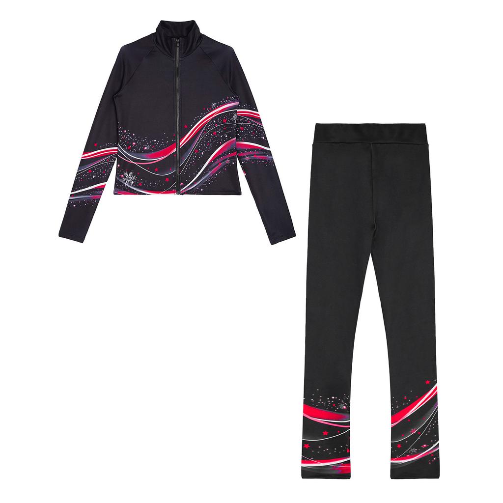 Girls Figure Skating Costume Long Sleeve Printed Sweatshirt Jacket Leggings Gymnastics Dance Practice