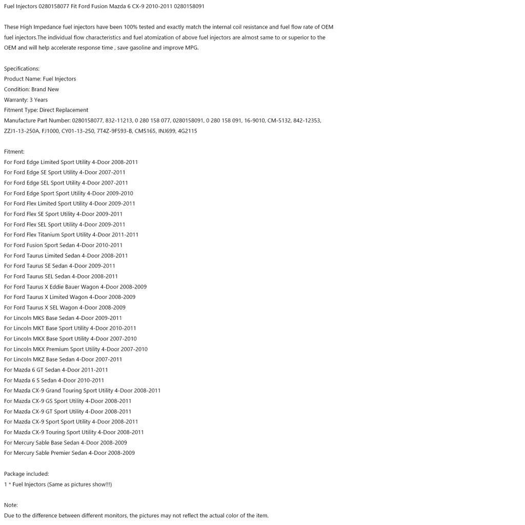 1PCS Fuel Injectors 0280158077 Fit Ford Fusion Fit Mazda 6 CX-9 2010-2011
