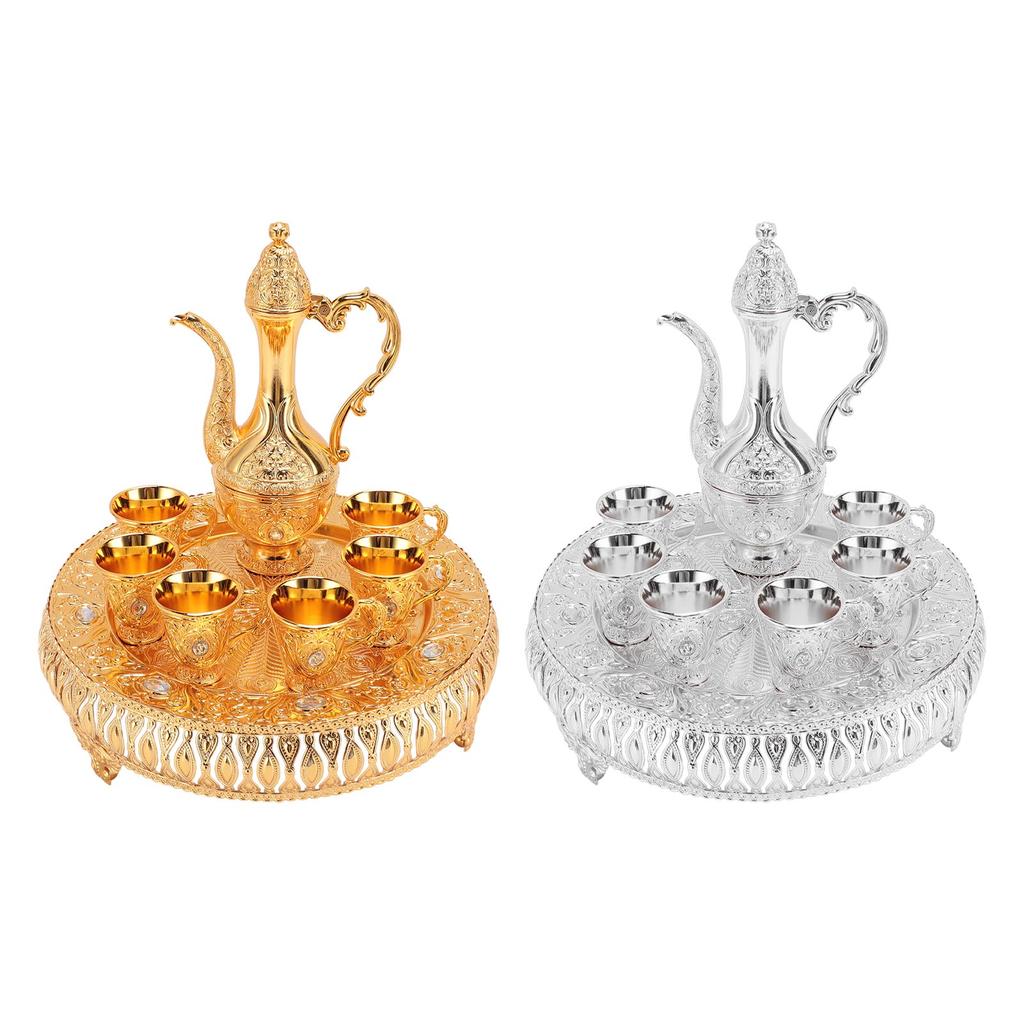 Vintage Wine Pot Set European Retro Coffee Pot Tray Kit Decorative Zinc Alloy Exquisite Carving Wine