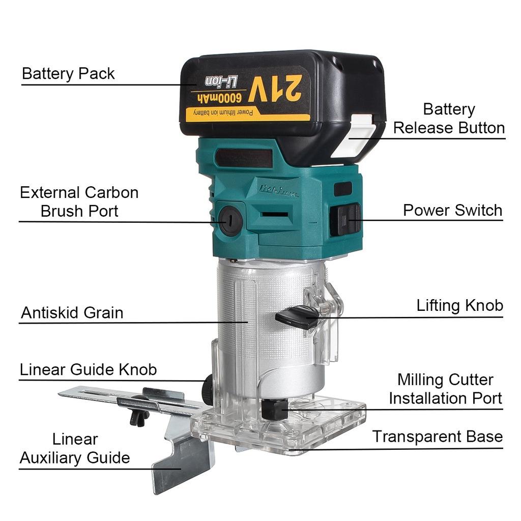 1280W 21V Akku-Oberfräse Elektrischer Trimmer Holzbearbeitung Gravur Nuten Fräsen Trimmen Fräsmaschine
