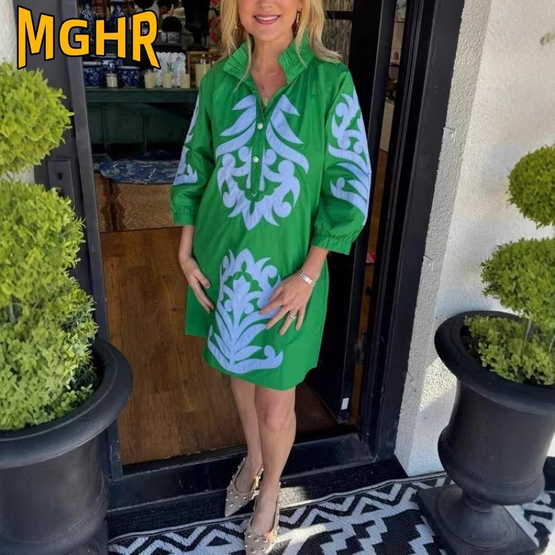 MGHR Women's Fashion Summer Spring Long Sleeve POLO Neck Solid Color Print Casual Dresses
