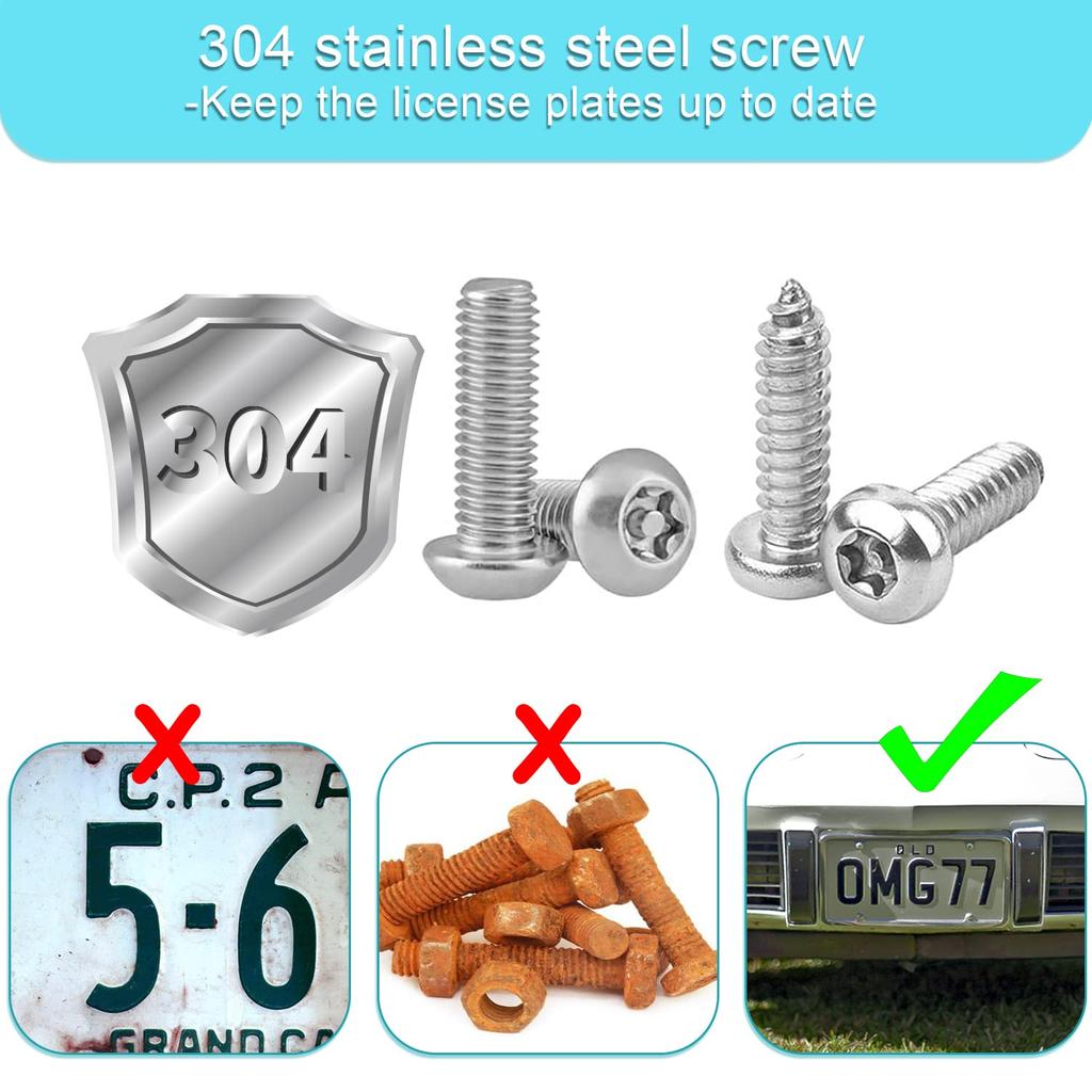 Anti Theft License Plate Screw Kit Tamper Proof License Screws Car License Plate Bolts 304 Stainless Steel Plate Mounting Hardware - 1/4’’ Screws