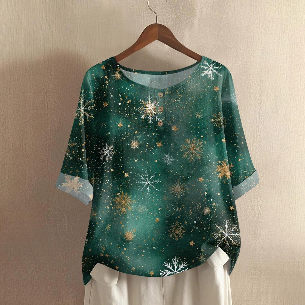 Women's Fashionable And Casual Shirt Half-sleeve Round Neck Print Cotton And Linen Blouse Top