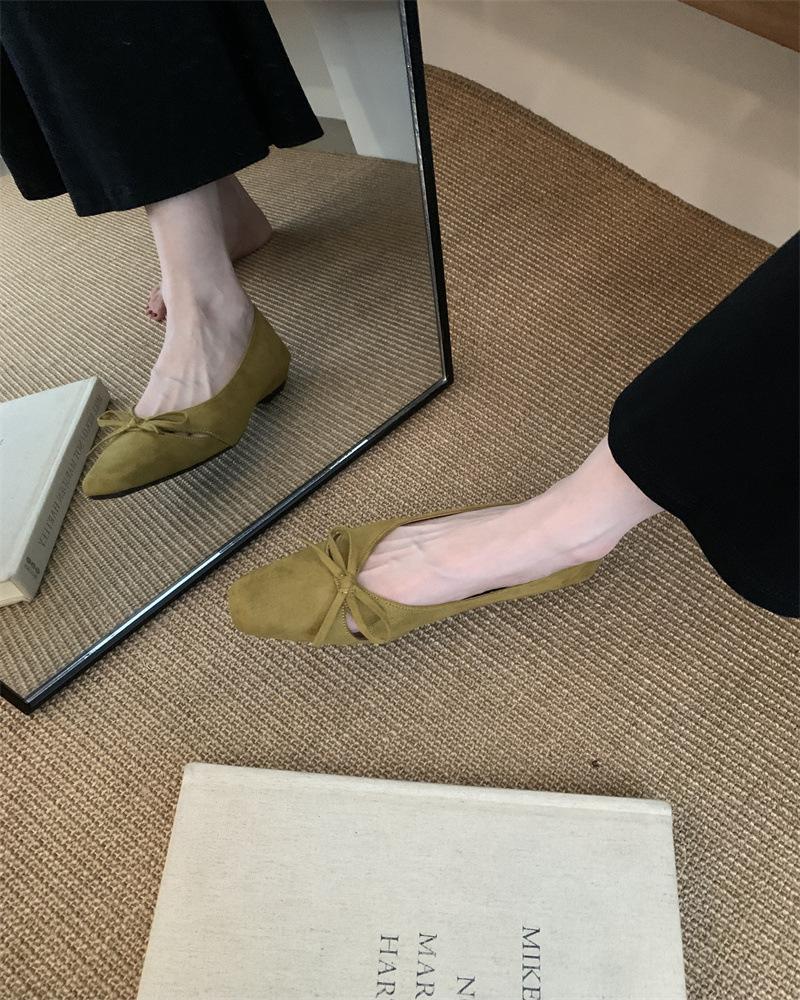 

Французские ароматные туфли-лодочки с квадратным носком на плоской подошве с красным бантом женские туфли 25 новый весенний универсальный нежный вариант для通勤 39 зелёный