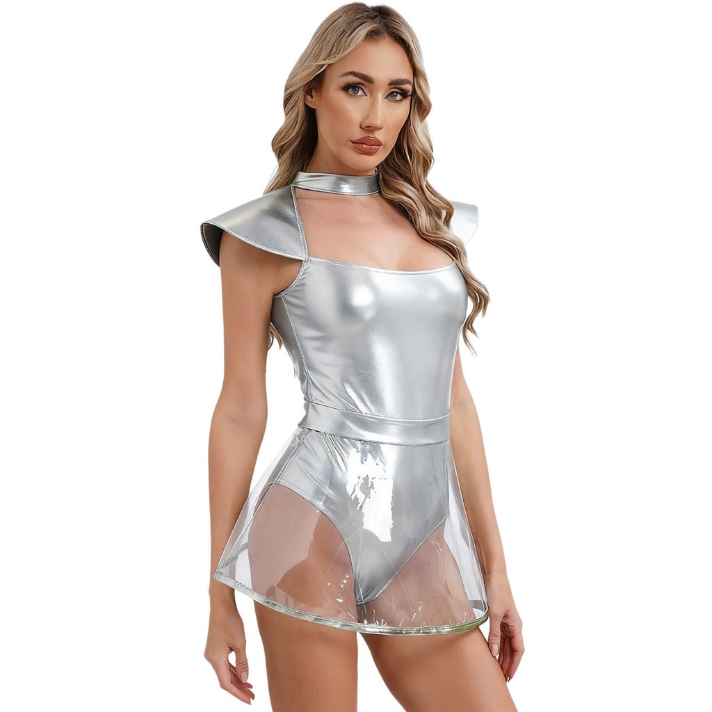 Womens Space Alien Cosplay Costume Fly Sleeve Cutout Briefs Bottom PVC Skirt One Piece Bodysuit Carnival Wear