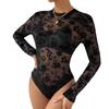 Sexy Slim Fit Long-Sleeve Lace Mesh Print Bodysuit 10804