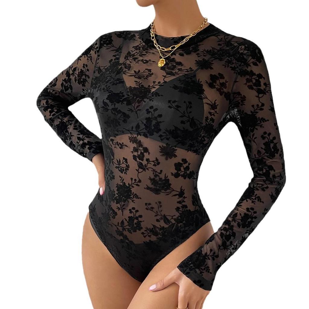Sexy Slim Fit Long-Sleeve Lace Mesh Print Bodysuit 10804