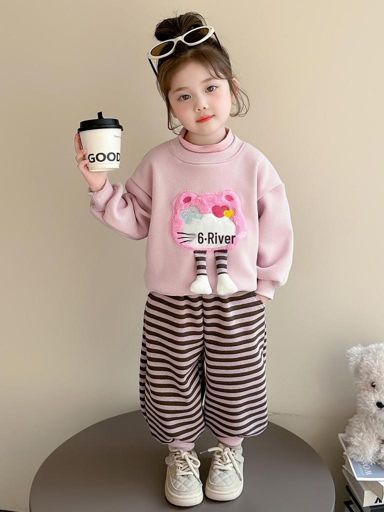 Autumn 2025 Girls' Cartoon Sweatshirt Two-Piece Set - Trendy Casual Wear for Little Girls