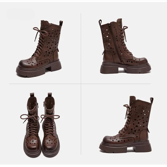 Johnature Hollow-out Breathable Summer Mid-calf Boots Fashion Women's Shoes Genuine Leather Thick Soled Sandals
