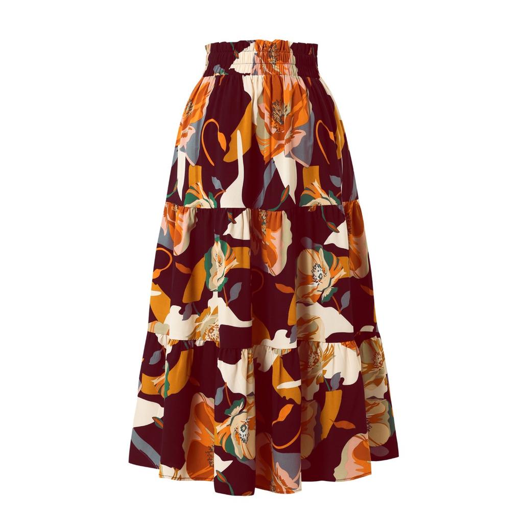 A-line Skirt, Pleated Skirt, Floral Print, Elastic Waist, Midi Skirt