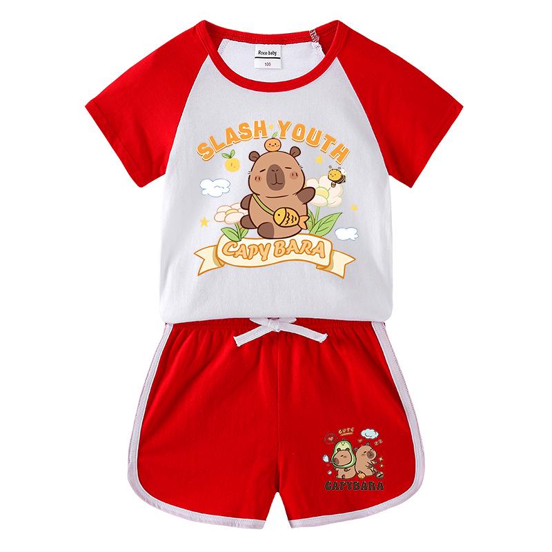 Kids' Summer Color Block Two-Piece Set: Casual T-shirt & Shorts