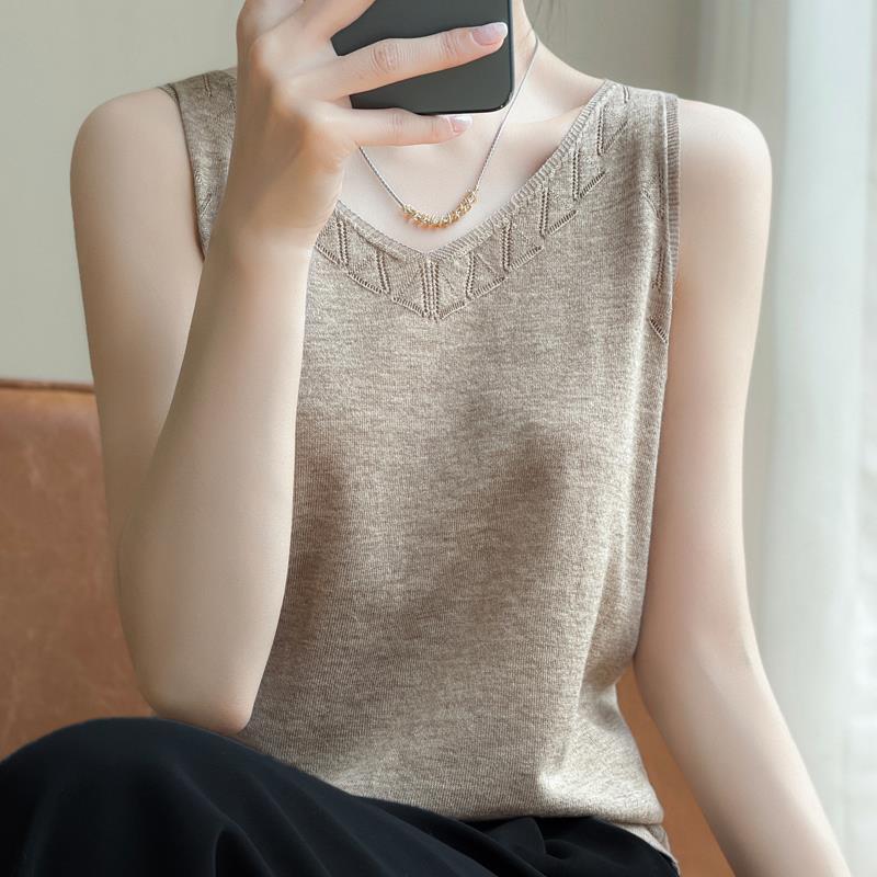 

Fashionable and Versatile Hollow Camisole Women s V-neck Knitted Bottoming Shirt Loose Inner Wear Sleeveless Top XXXL верблюд