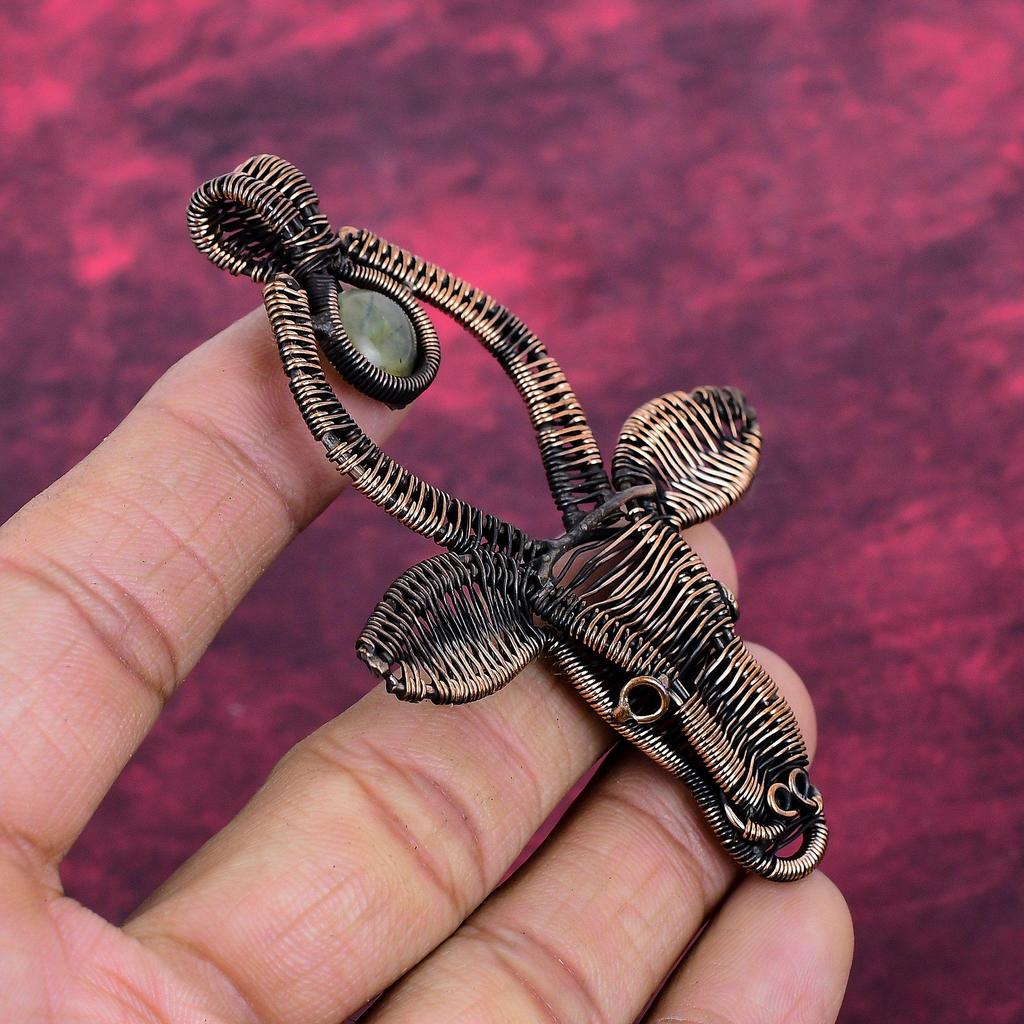 Moss Prehnite Real Gemstone Pendant Copper Wire Wrapped Jewelry Cow Face Pendant