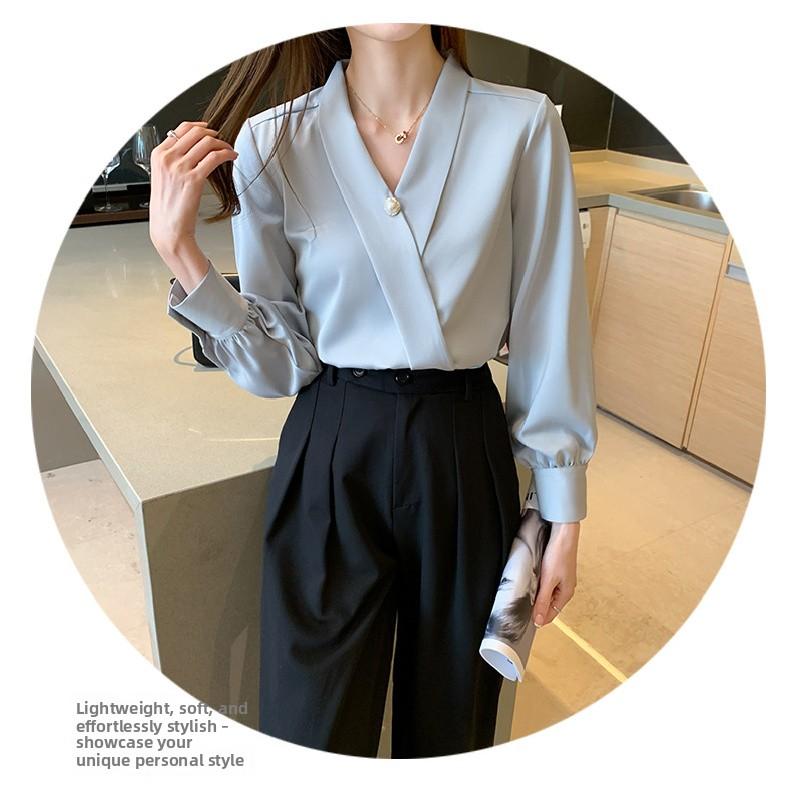 New Spring and Autumn Elegant Pearl Decorated Silk Satin High-End V-Neck Chiffon Blouse for Women