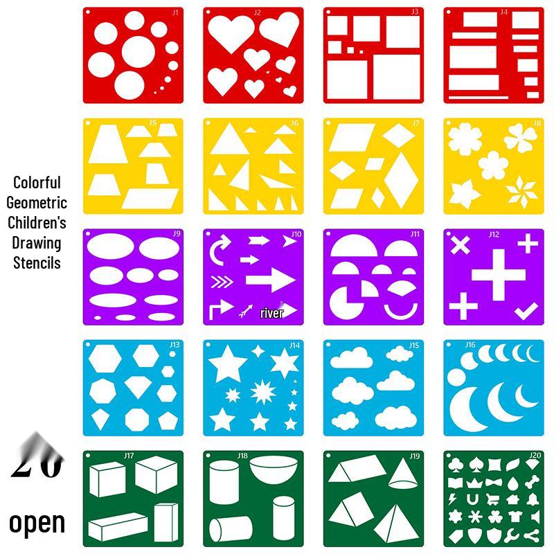 Colorful Geometric Shape Stencils (20 Sheets) - Children s DIY Painting Tool Set