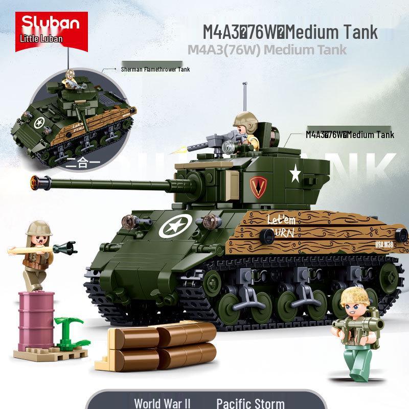 Xiao Luban B1110 Pacific Storm M4A3 Medium Tank Building Block Toy